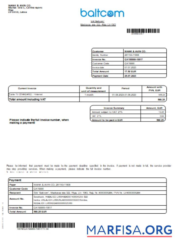 Blank Baltcom telecommunications utility business bill, SCR sample